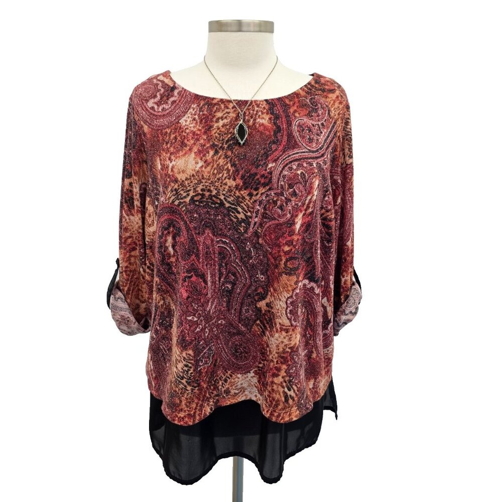 Dressbarn Blouse Womens 2X Rust Color Metallic Paisley Print 3/4‎ Sleeve Top